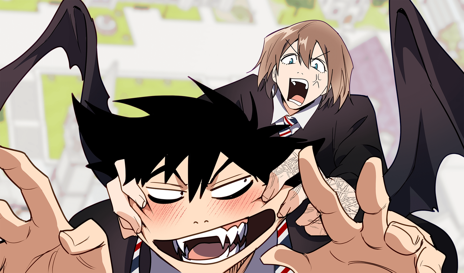 Image of a blond boy pulling the cheeks of a dark-haired demon boy. The cover image of the webcomic series, Your Wings and Mine.